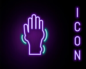 Obraz premium Glowing neon line Hand with psoriasis or eczema icon isolated on black background. Concept of human skin response to allergen or chronic body problem. Colorful outline concept. Vector
