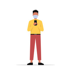 A man in a medical mask in his hands with a smartphone. Coronavirus and social media. Vector illustration. Flat style