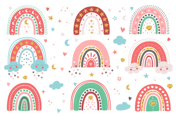 Hand drawn set of different rainbows with hearts, clouds, stars, moon. Cute pastel collection isolated on white background. Adorable vector doodle illustration for Birthday, Valentine's Day, baby room