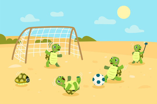 Cute little turtles having fun on sand beach together. Soccer, selfie, game flat vector illustration. Animals and summer activity concept for banner, website design or landing web page