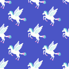 vector cute white pegasus seamless pattern on blue