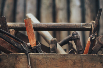 vintage tool box on wood background