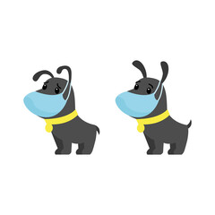 Dogs in medical masks with a bad and good mood. Protecting health from viruses. Little puppies during the coronavirus. Vector illustration