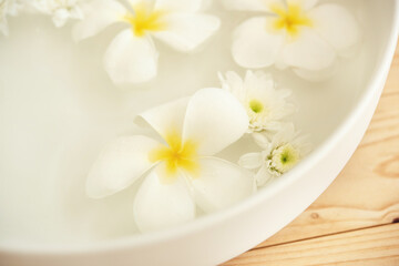 Obraz na płótnie Canvas closeup of frangipani flowers and chrysanthemum floating in bowl of water at wellness center. white flowers in ceramic bowl with water for aroma therapy at spa. spa setting for beauty treatment.