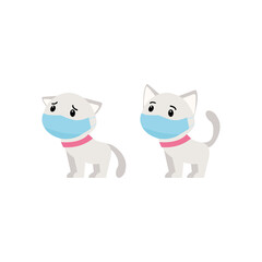 Cats in medical masks with a bad and good mood. Protecting health from viruses. Little kittens during the coronavirus. Vector illustration