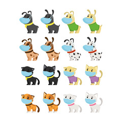 Obraz premium A set of dogs and cats in medical masks. Protecting health from viruses. Little puppies and kittens during the coronavirus. Vector illustration.