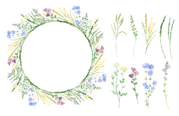 Fototapeta na wymiar Watercolor wildflowers herbs wreath frame