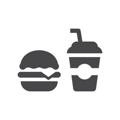 Fast food black vector icon. Burger and soda drink symbols.