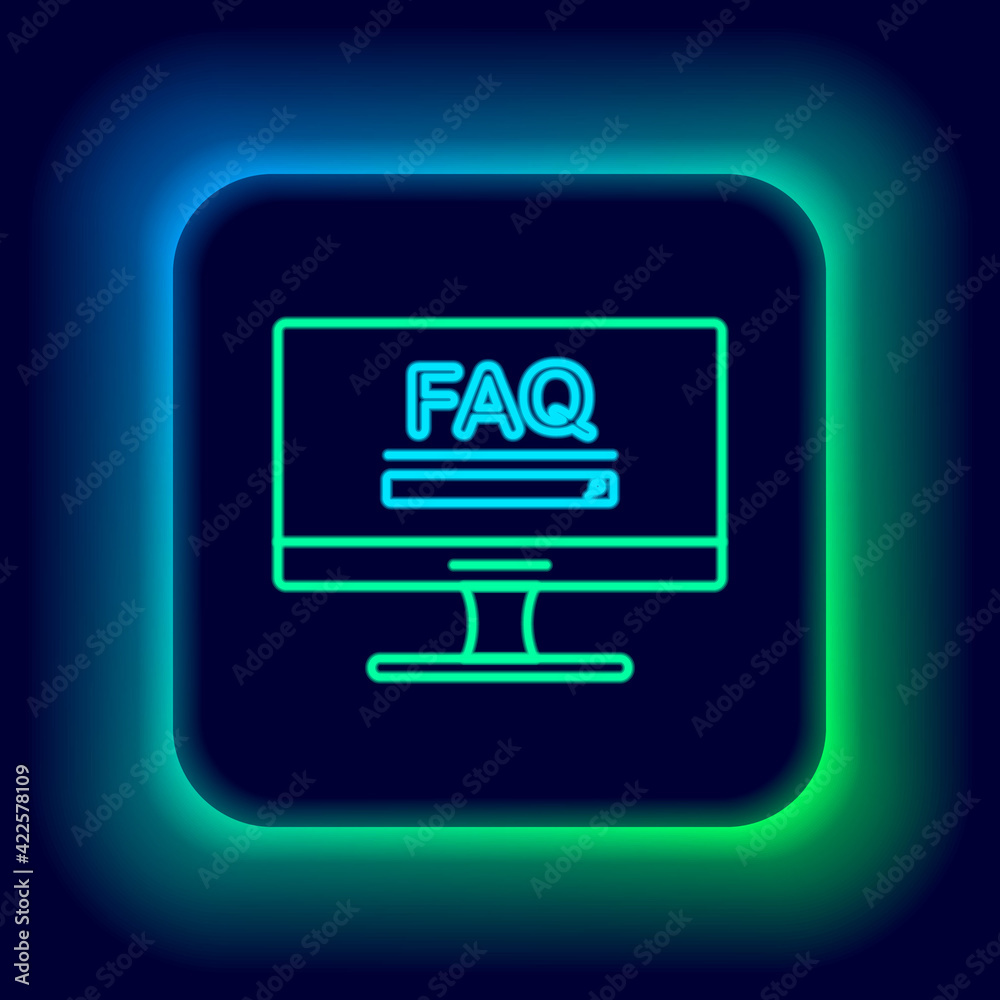 Fototapete Glowing neon line Computer monitor with text FAQ information icon isolated on black background. Frequently asked questions. Colorful outline concept. Vector