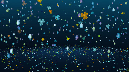 Blue Colorful 3D Textured And Patterned Easter Eggs And Shiny Three Leaf Clovers Glitter Dust Flying Above Shiny Glitter Sparkles On Floor Background