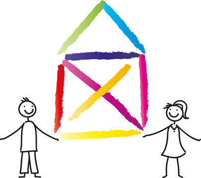 Junges Paar mit Haus - wir bauen ein Eigenheim. Trautes Heim und Familiengl&uuml;ck. Die eigenen vier W&auml;nde.