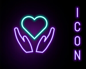 Glowing neon line Heart in hand icon isolated on black background. Hand giving love symbol. Valentines day symbol. Colorful outline concept. Vector