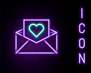 Glowing neon line Envelope with Valentine heart icon isolated on black background. Message love. Letter love and romance. Colorful outline concept. Vector