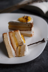 cake on a dessert plate. brownie with white cream on a dark background. cake close-up. cut cake.