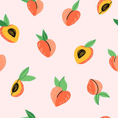 Cute peach fruit seamless pattern on pink background. Cartoon illustration for textile, fabric, wrapping paper and other