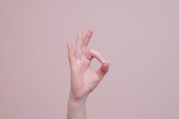 Hand showing okey gesture. Hand signs communication concept with copy space