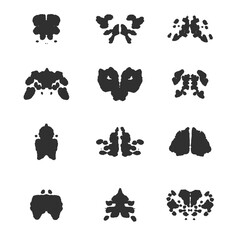 Rorschach test cards. Vector illustration. Psychiatric method, psychology. Set with symmetrical abstract ink stains, blobs, splash inkblots. Isolated on white background. 