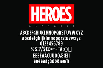 Bold condensed alphabet with red sticker for super heroes titles. Vector typography illustration - obrazy, fototapety, plakaty