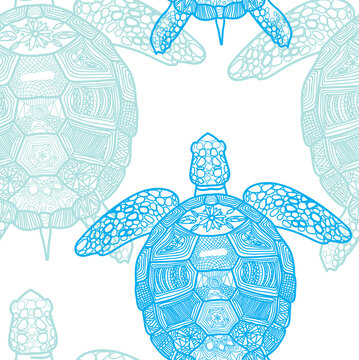 Seamless pattern with sea turtles. Marine life. Doodling, mandala pattern. Drawing by hand. Stylish background.