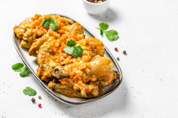 Chicken slow cooker stew on a dish. Space for text, top view.