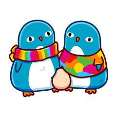 Two kawaii cute blue penguin dads with a rainbow scarf and tee and an egg, new gay parents. Chibi art style. Design for stickers, greeting cards, t-shirts, posters. Isolated on white background.