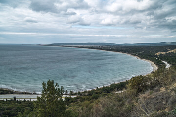 Moody panoramic view of Anzac Cove at the famous World War One site on the Gallipoli peninsula (Gelibolu) at the Dardanelles, Turkey