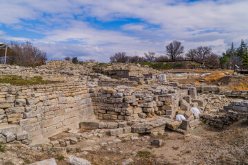 Walls, ruins and remains of the ancient Greek city of Troy in the archaeological park of Troy near Canakkale, Western Turkey