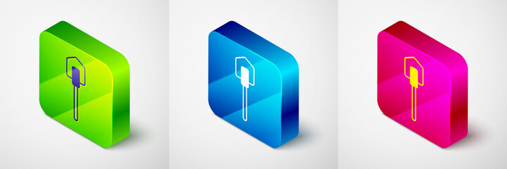 Isometric Shovel icon isolated on grey background. Gardening tool. Tool for horticulture, agriculture, farming. Square button. Vector