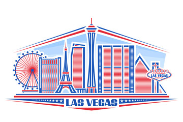 Vector illustration of Las Vegas, horizontal poster with simple design buildings and outline landmarks, urban concept with modern city scape, unique font for words las vegas, decorative stars in a row © mihmihmal