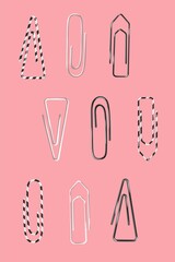 Set with isolated on pink background Paper clips in vector illustration. Stationery elements for paper work. Education helpers. Office accessories, stuff, strip ornament.