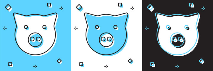 Set Pig icon isolated on blue and white, black background. Animal symbol. Vector