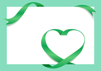 Green Ribbon Heart Shape Mock-Up for A4 size Banner Valentine's Day, Greeting card pastel color, Gift Voucher and Certificate Background, copy space