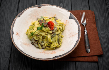 Italian pasta with seafood in a restaurant