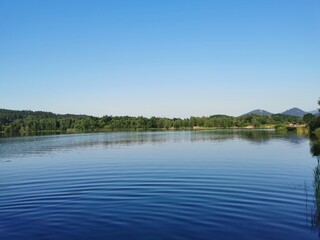 Ripples on blue water surface with trees reflecting in the lake. Clear sky, calm sunset background
