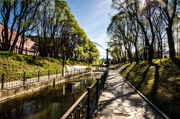 path along the canal and trees with young leaves