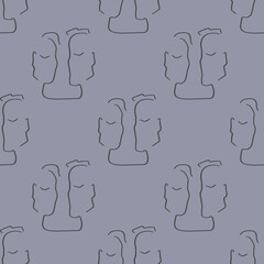 Seamless pattern, contour line, fantasy faces of a man and a woman, profiles, solid background.