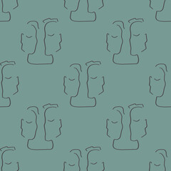 Seamless pattern, contour line, fantasy faces of a man and a woman, profiles, solid background.