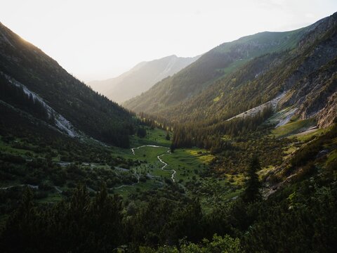Aerial sunset panorama of Allgaeu Allgau alps alpine nature mountain valley landscape near Schrecksee Bavaria Germany