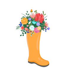 Vector illustration spring wellies boot with blooming bouquet spring flowers, cotton. Spring symbol flat style.