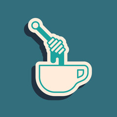 Green Honey dipper stick with dripping honey icon isolated on green background. Honey ladle. Long shadow style. Vector