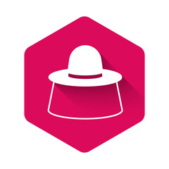 White Beekeeper with protect hat icon isolated with long shadow background. Special protective uniform. Pink hexagon button. Vector