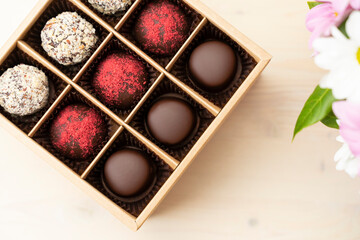 Congratulatory Chocolate Box assorted with bouquet of flowers. Handmade chocolates candy - gift for celebration