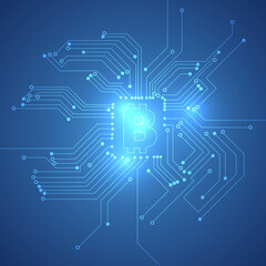 Vector : Bitcoin logo with electronic circuit on blue background