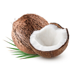 Coconut with leaves isolated on white background