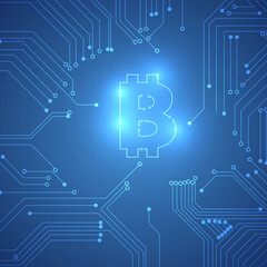 Vector : Bitcoin logo with electronic circuit on blue background