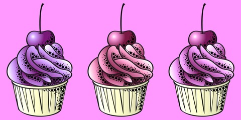 Vector image. Seamless border with cherry cupcakes on a lilac background