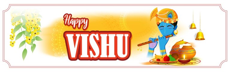 Vector illustration of Happy Vishu concept banner. kerala New Year, Indian hindu festival poster with vishu flowers and pots.