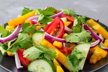 Plate of rainbow salad with different vegetables and herbs on black plate on grey stone background