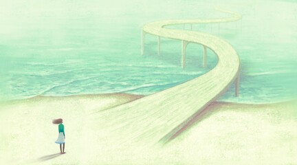 Way hope dream ambition freedom and success concept art, conceptual  illustration, surreal artwork, woman alone with the road and the sea, imagination painting  © Jorm Sangsorn