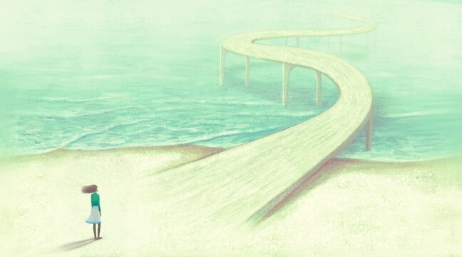 Way hope dream ambition freedom and success concept art, conceptual  illustration, surreal artwork, woman alone with the road and the sea, imagination painting
